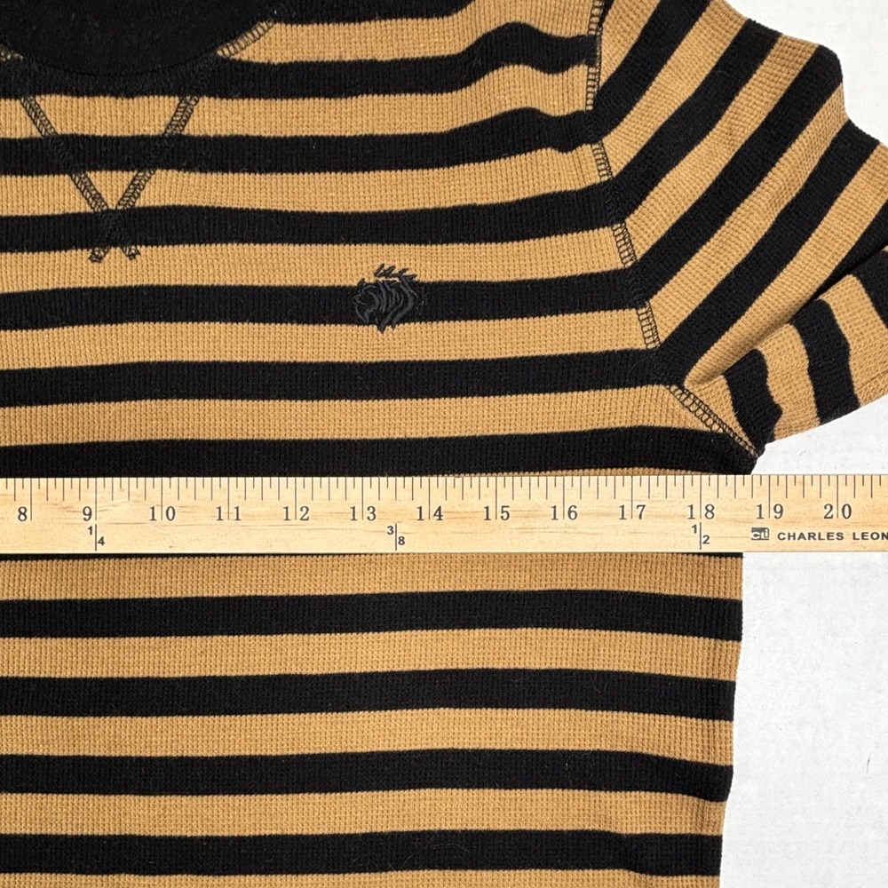 Express‎ Mens Thermal Shirt Striped Waffle Knit Black Tan Medium Retro Y2K EUC - Picture 5 of 10